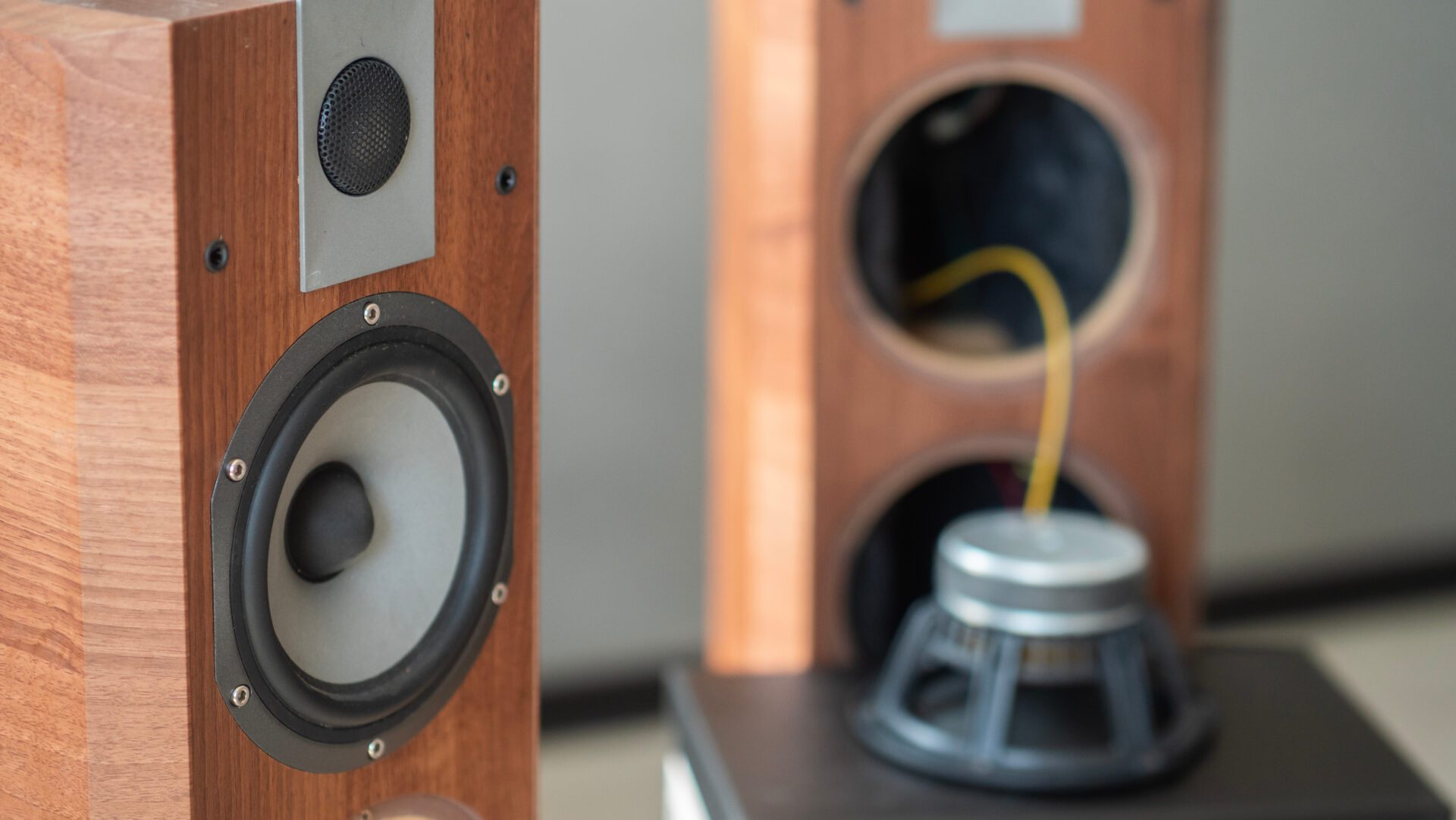 A speaker system with two speakers and one speaker stand.